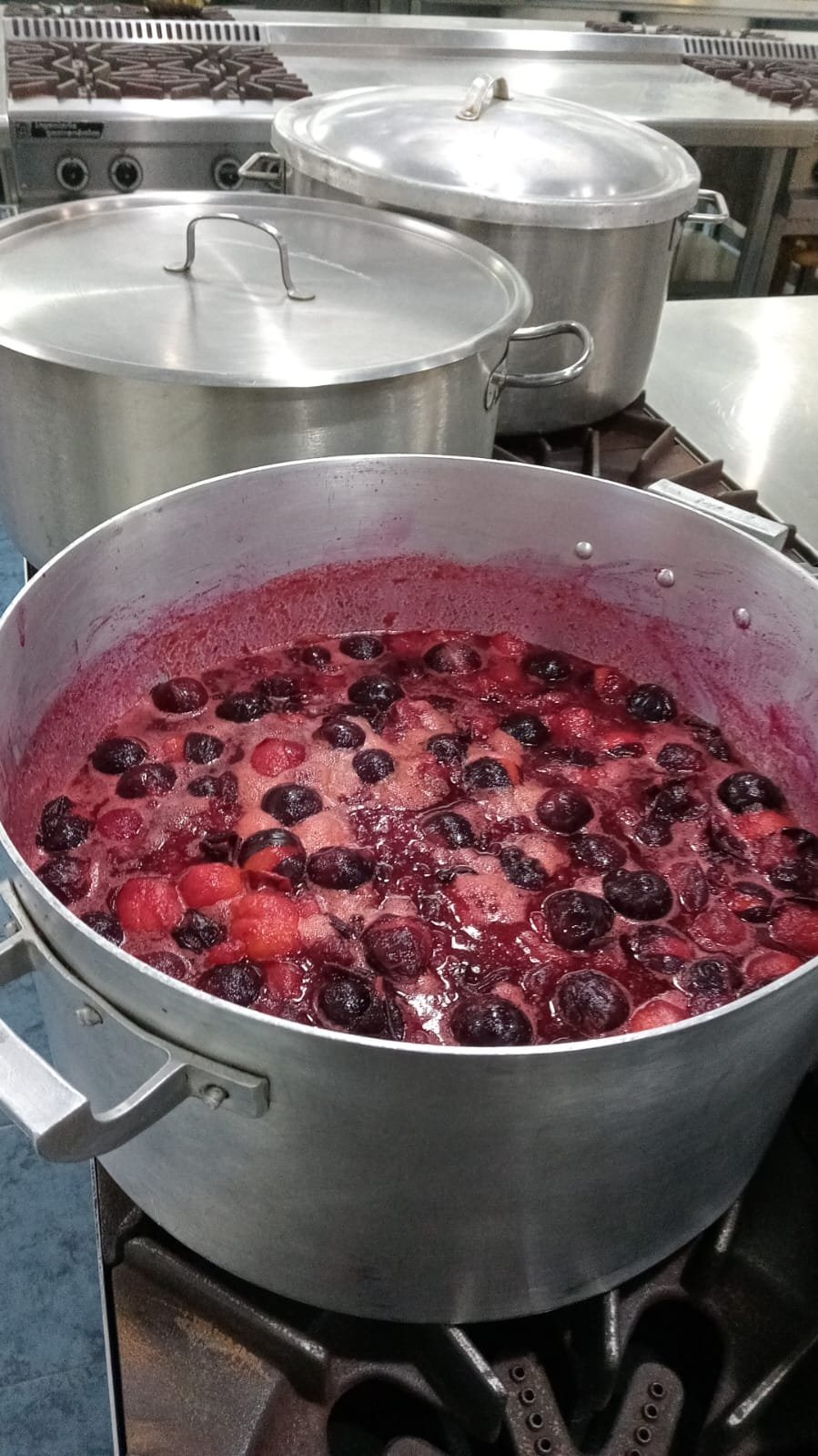 Olla grande con frutos rojos al fuego
